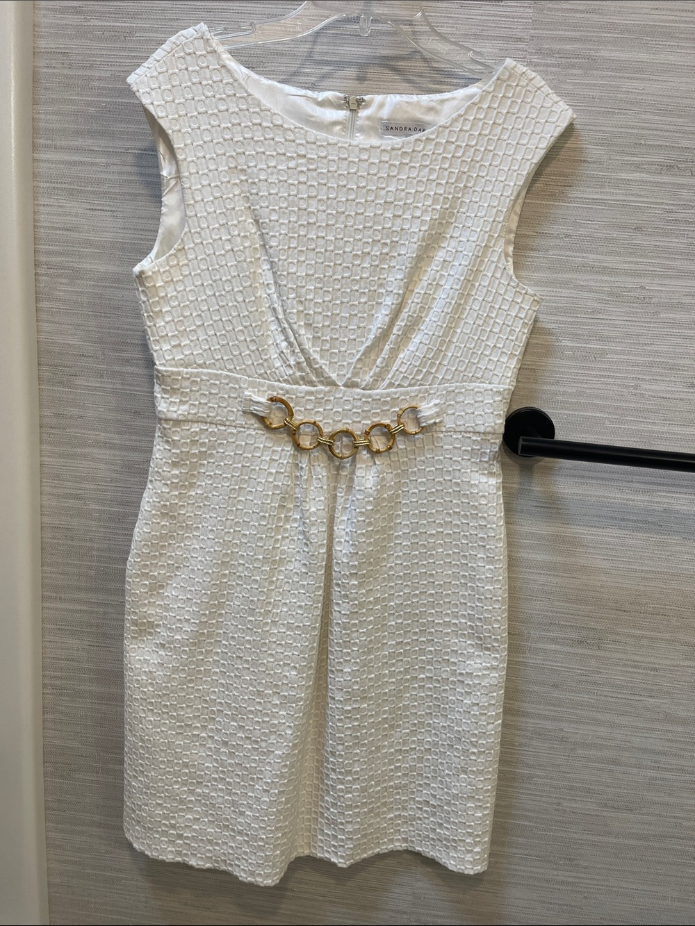 Sandra Darren Cream Textured Mini Dress with Gold Chain Detail